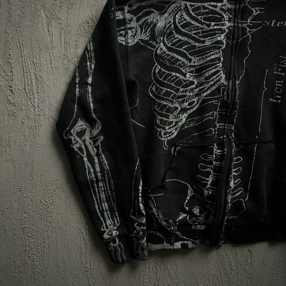 Vintage Iron Fist Zip Up Sweatshirt Medium Black 2000s Y2K Skeleton - Picture 3 of 10